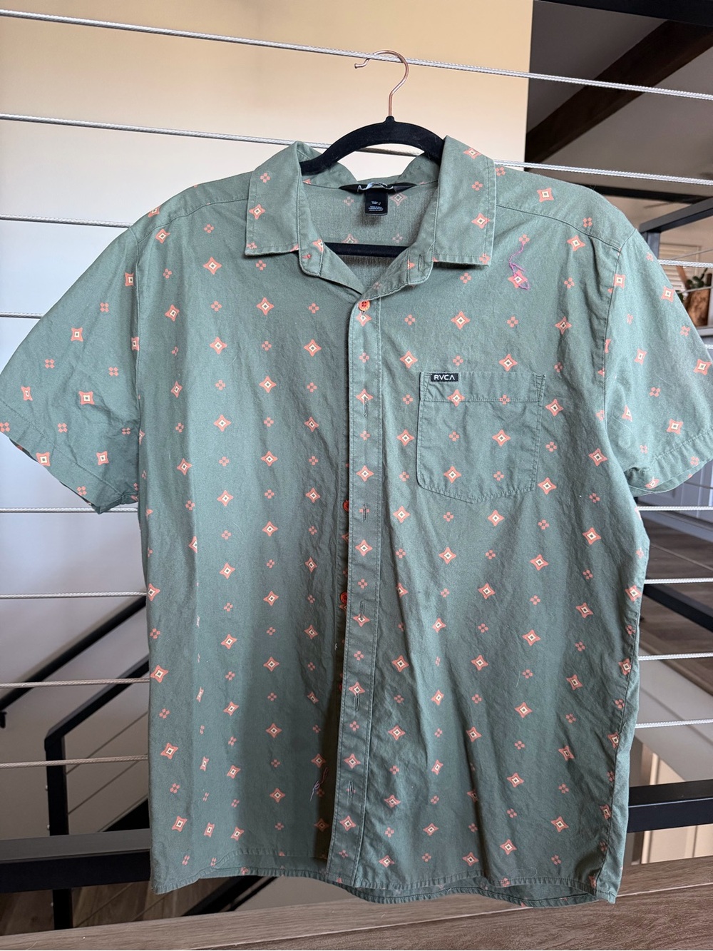 RVCA Sage Green Short Sleeve Button-Up with Peach Geo Print